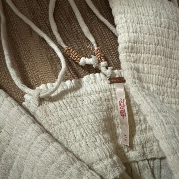 Free People Heat Haze White Cream Smocked‎ Linen Cotton Maxi Dress Size Medium - Picture 7 of 8